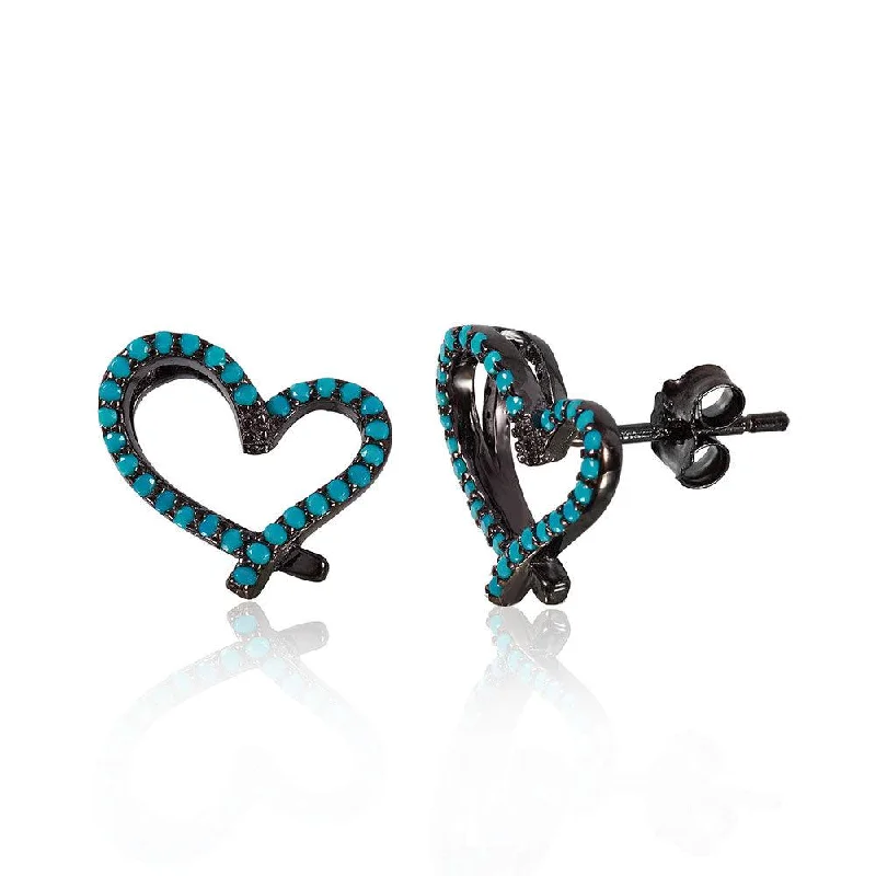 ladies-party-statement-earrings-Silver 925 Black Rhodium Plated Open Heart Stud Earrings With Synthetic Turquoise Stone - STE01051