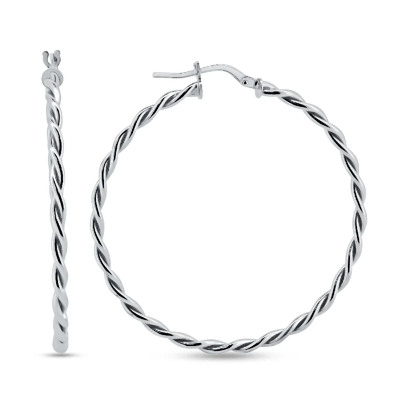 ladies-minimalist-diamond-earrings-Rhodium Plated 925 Sterling Silver Silver Twisted Hoop Earrings - ARE00040RH