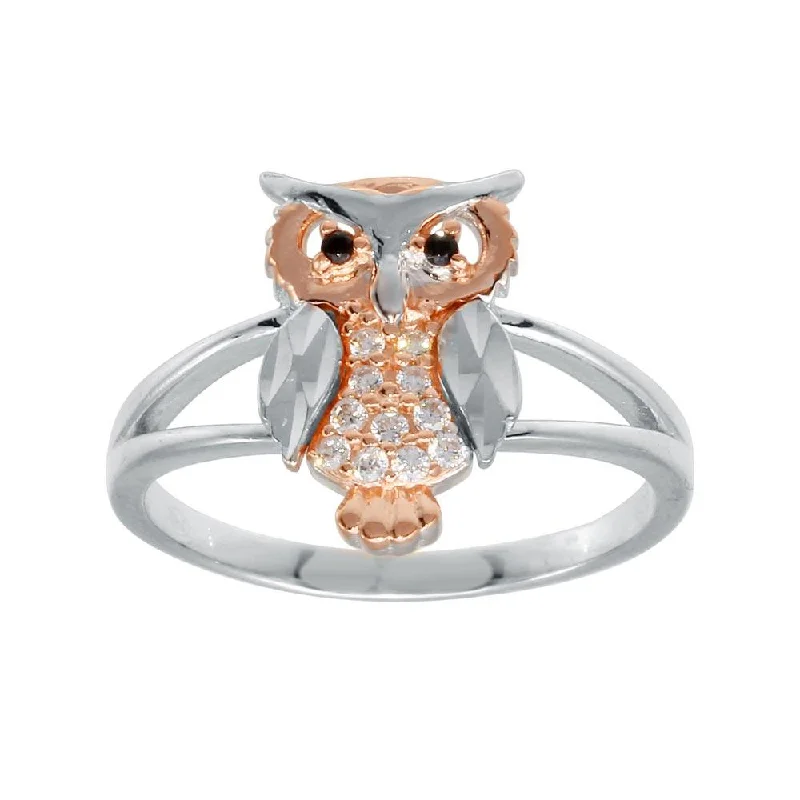 ladies ring matte zirconia-Silver CZ Diamond Cut Two-Tone Owl Ring - GMR00298RHR