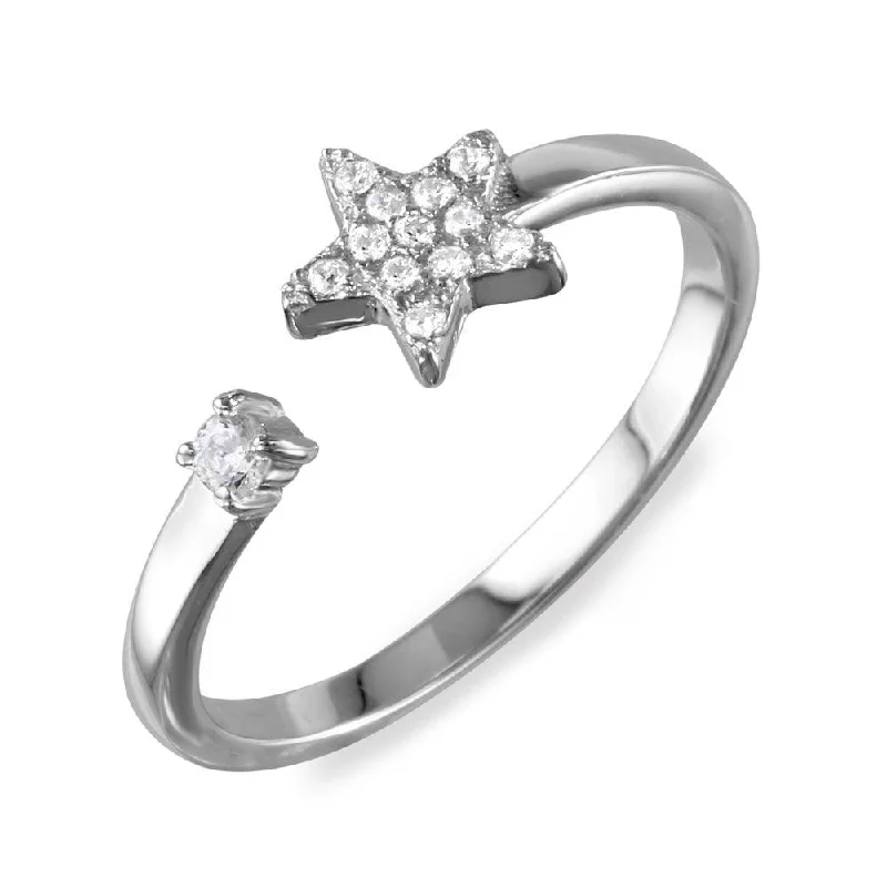 ladies ring sleek statement gem-Rhodium Plated 925 Sterling Silver Open Star Ring with CZ - BGR01103