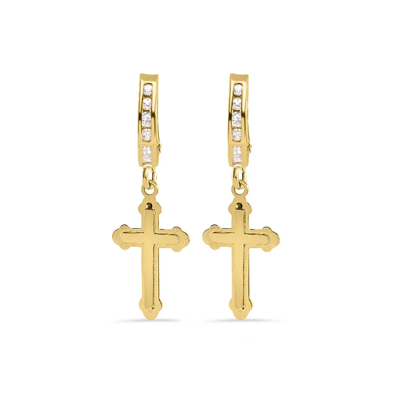 ladies-hoop-crystal-earrings-14E00452. - 14 Karat Yellow Gold 12.9mm Hoop Half Studded Clear CZ Cross Latch Box Earrings