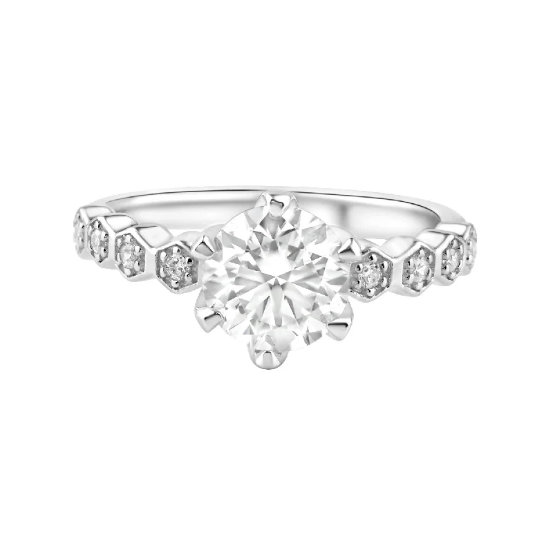 ladies ring chic crossover-Rhodium Plated 925 Sterling Silver 1 Carat Round Moissanite and Clear CZ Ring - MBGR00005