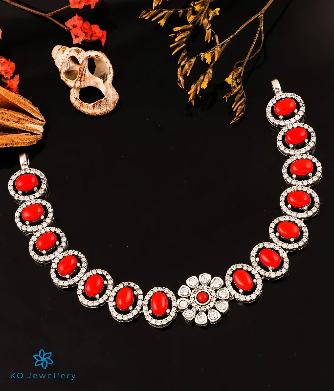 ladies-artisan-hoop-earrings-The Victorian Silver Choker Necklace & Earrings (Bright Silver/Coral)