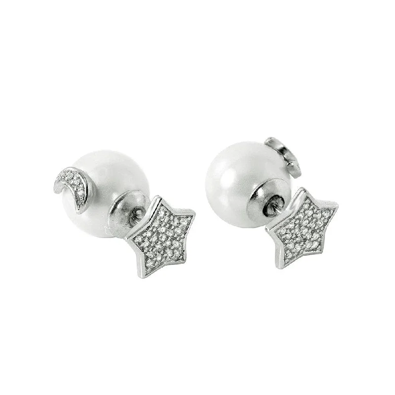 ladies-charm-gold-earrings-Silver 925 Rhodium Plated Star Moon Pearl Stud Earrings - STE00983