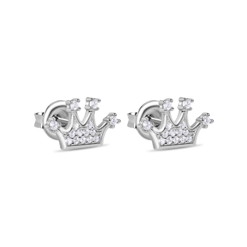 ladies-delicate-pearl-earrings-Rhodium Plated 925 Sterling Silver CZ Crown Stud Earrings - GME00121