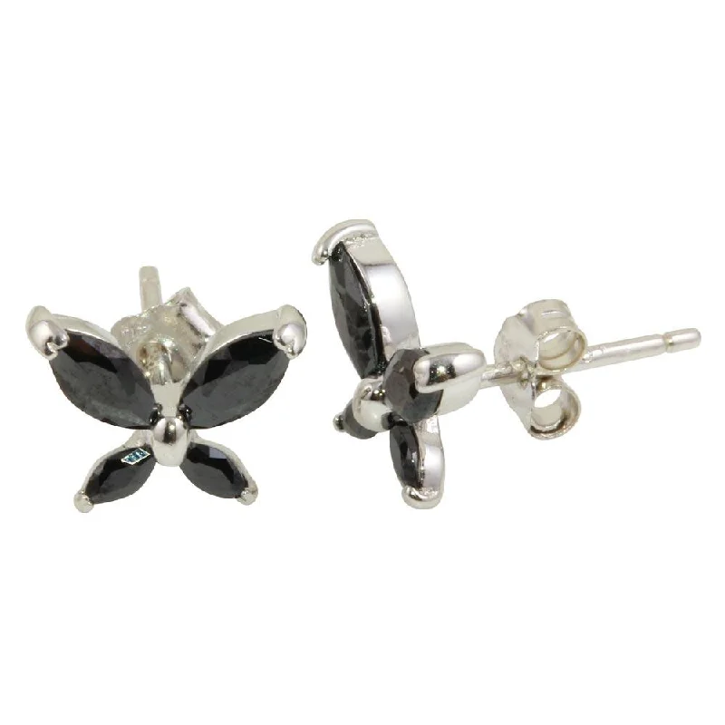 ladies-fashion-diamond-earrings-Rhodium Plated 925 Sterling Silver Black Butterfly Stud Earrings - STE01095