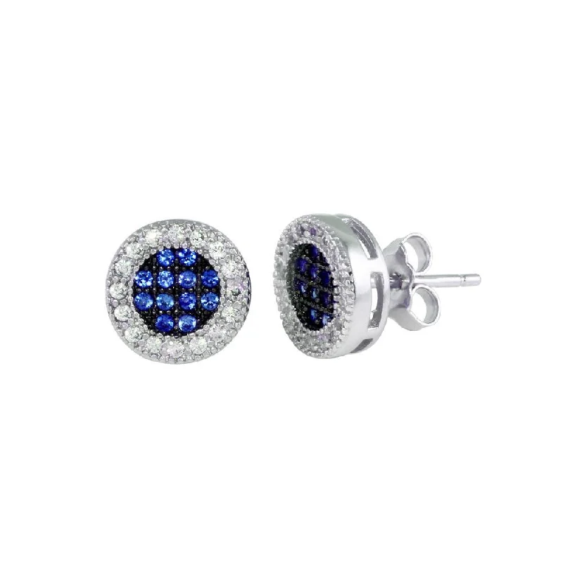 ladies-rose-gold-diamond-earrings-Rhodium Plated 925 Sterling Silver Clear and Blue CZ Halo Stud Earrings - BGE00631BLU