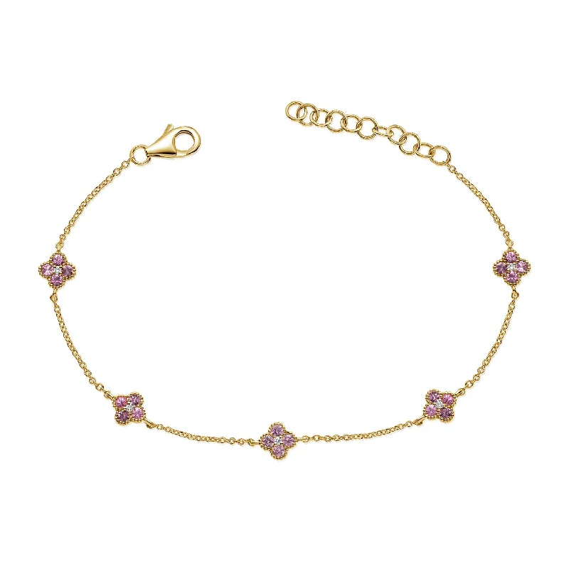 Ladies bracelets with diamonds -14K Gold Pink Sapphire & Diamond Clover Bracelet