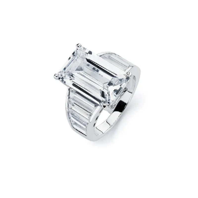 ladies ring satin moissanite-Silver 925 Rhodium Plated Clear Baguette CZ Rectangular Bridal Ring - BGR00592