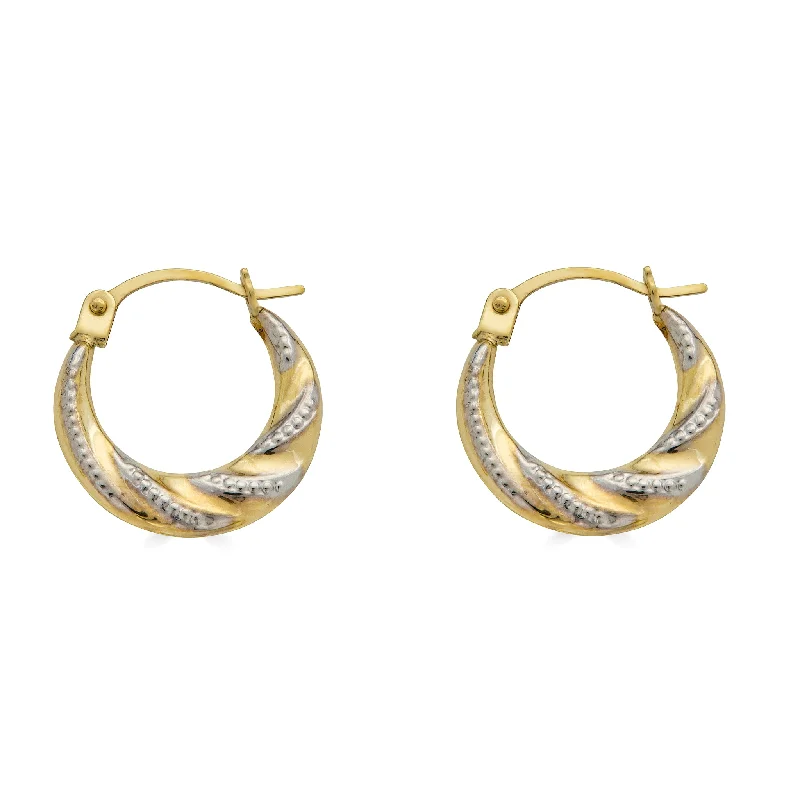 ladies-artisan-rose-gold-earrings-14E00377 - 14 Karat Yellow Gold 2T Wave Design Latch Back Hoop Earring