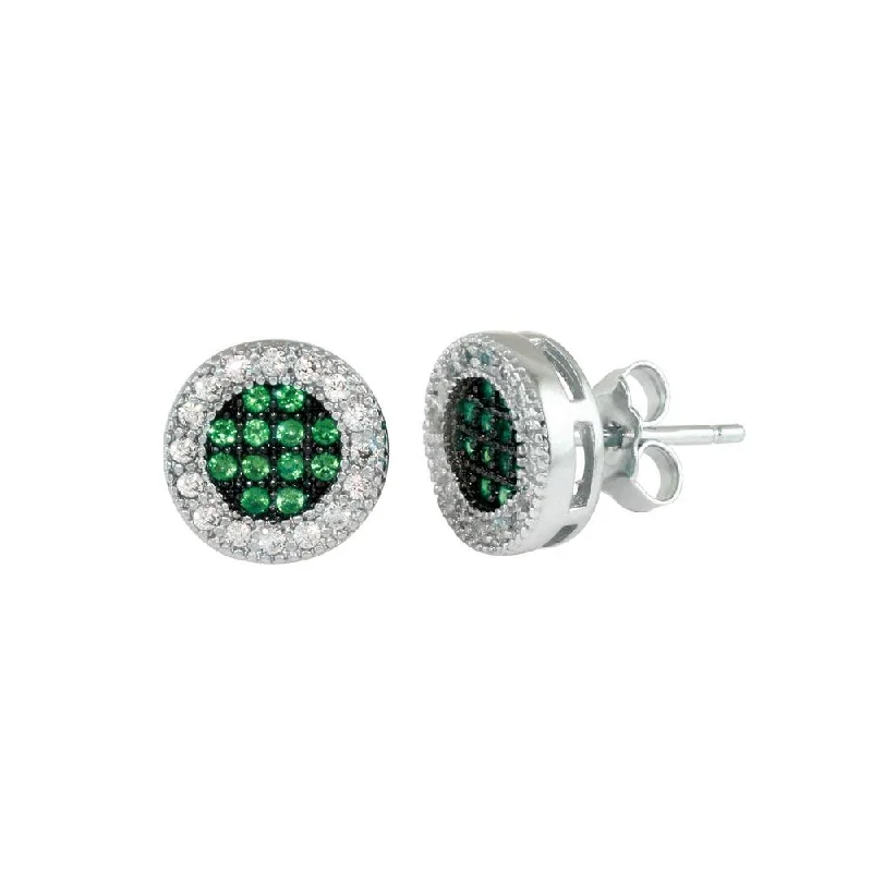 ladies-affordable-earrings-Rhodium Plated 925 Sterling Silver Clear and Green CZ Halo Stud Earrings - BGE00631GRN