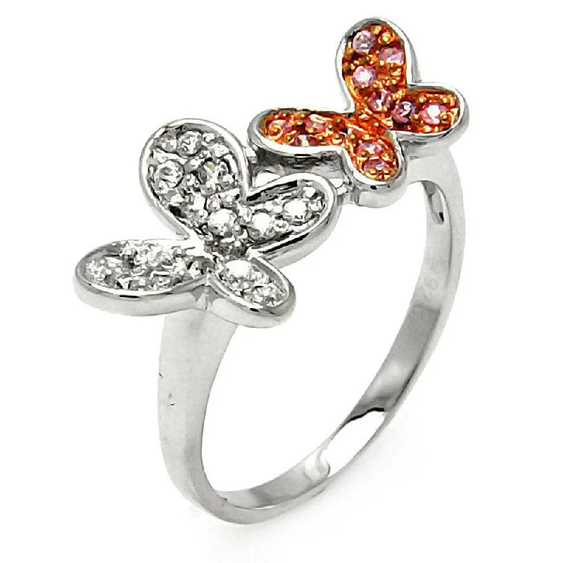 ladies ring zodiac inspired-Clearance-Silver 925 Rhodium and Rose Gold Plated Pink and Clear CZ Butterfly Ring - STR00004PNK-CLR