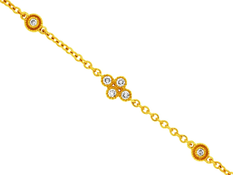 Ladies bracelets for picnics -Bezel Set White Diamond Single Clover Bracelet with Diamond Stations set in 14kt Gold