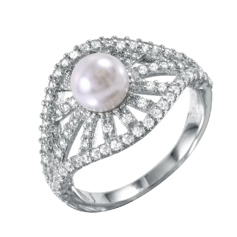 ladies ring matte zirconia-Silver 925 Radial Bursts Synthetic Pearl Ring With CZ Accents - BGR00989