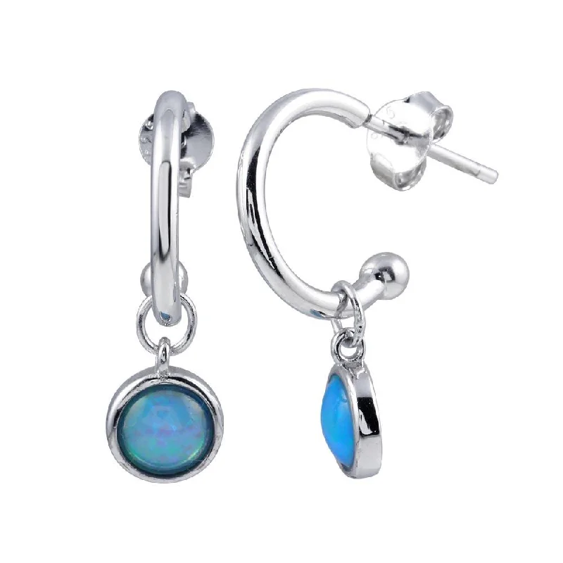 ladies-gold-flower-earrings-Rhodium Plated 925 Sterling Silver Semi Hoop Dangling Blue Opal Earring - STE01223BLUE