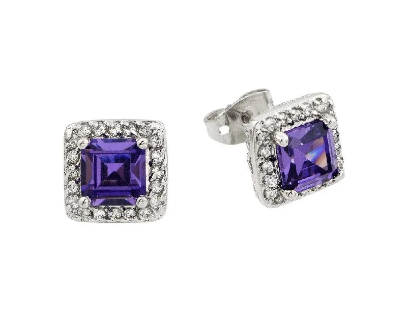 ladies-modern-dangle-earrings-Silver 925 Rhodium Plated Purple Square CZ Stud Earrings - BGE00359P