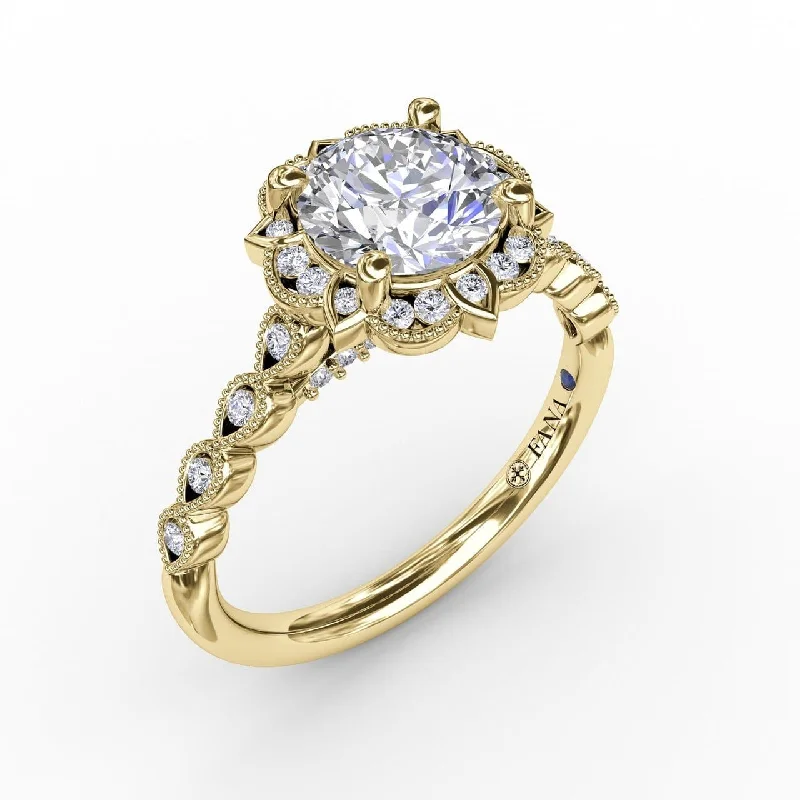 engagement-oval-sapphire-ring-Round Diamond Engagement With Floral Halo and Milgrain Details