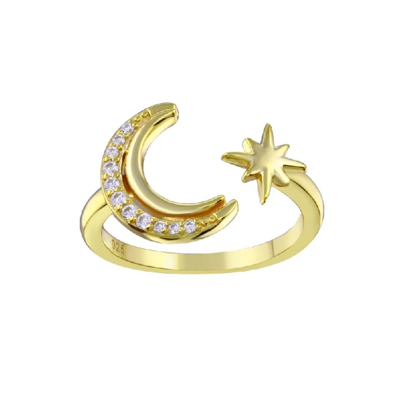 ladies ring valentine’s heart-Gold Plated 925 Sterling Silver Cresent Moon and Star CZ Ring - STR01137GP