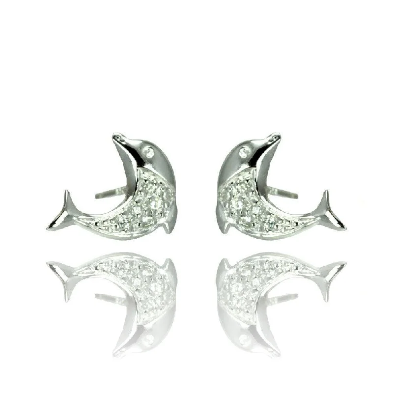 ladies-minimalist-gold-earrings-Silver 925 Rhodium Plated Dolphin CZ Stud Earrings - STE00905