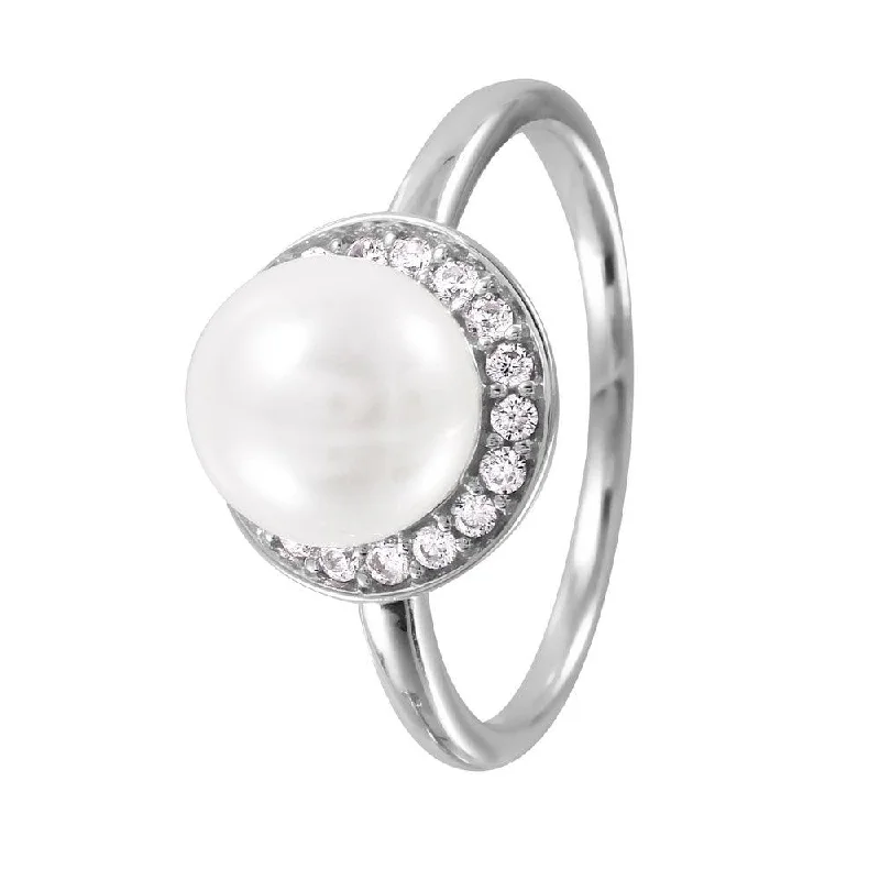 ladies ring name engraved band-Silver 925 Rhodium Plated Round Band with Synthetic Pearl CZ Halo Ring - GMR00073