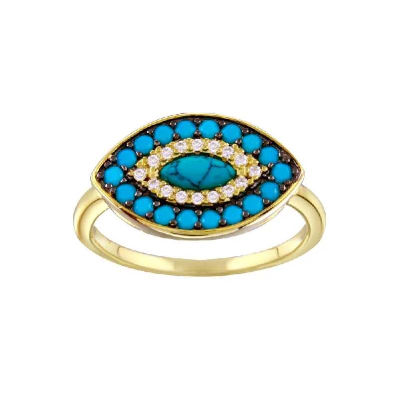 ladies ring vibrant peridot-Gold Plated 925 Sterling Silver Turquoise Clear CZ Evil Eye Ring - BGR01338GP