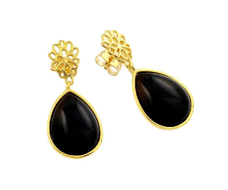 ladies-unique-handmade-earrings-Silver 925 Gold Plated Open Flower Teardrop Onyx Dangling Stud Earrings - BGE00365