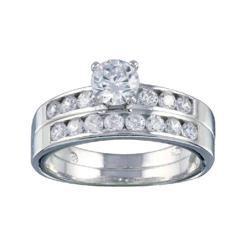 ladies ring bold geometric shape-Rhodium Plated 925 Sterling Silver Clear CZ Bridal Ring Set - BGR00088