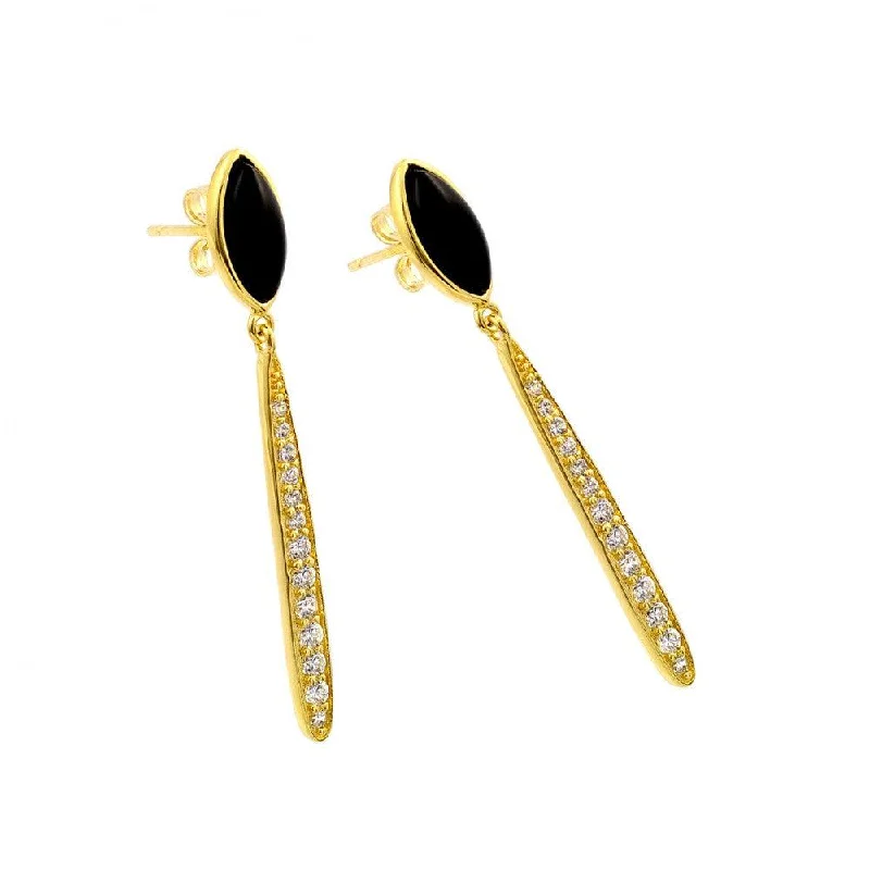 ladies-short-silver-earrings-Silver 925 Gold Plated Black Marquise Stretched Oval CZ Dangling Stud Earrings - BGE00400