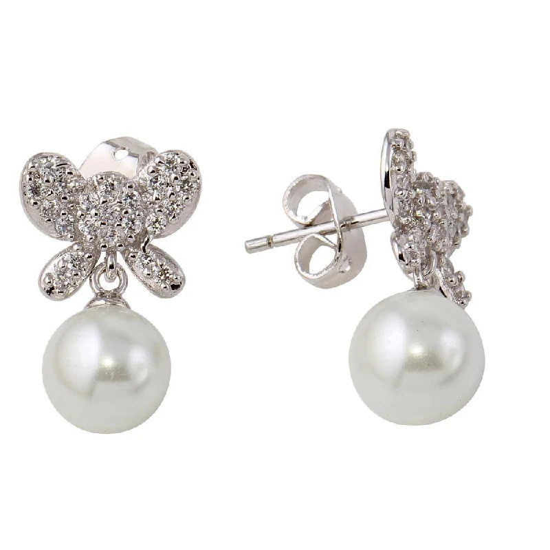 ladies-fashion-dangle-earrings-Rhodium Plated 925 Sterling Silver Butterfly Earrings with Dangling Synthetic Pearl - BGE00422