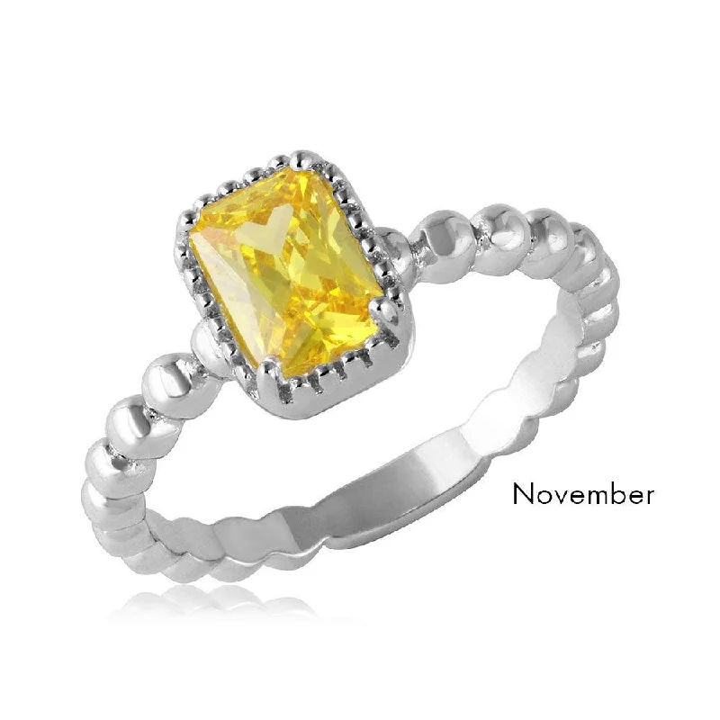 ladies ring initial accent stone-November Sterling Silver 925 Rhodium Plated Beaded Shank Square Center Birthstone Ring - BGR01081NOV