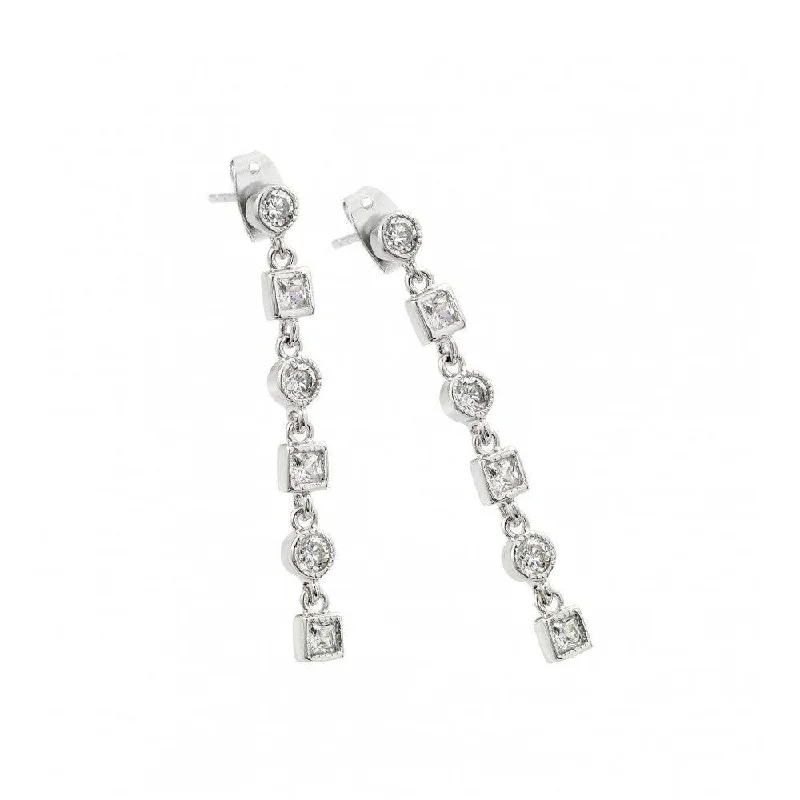 ladies-hoop-silver-earrings-Silver 925 Rhodium Plated Round and Square Clear CZ Dangling Stud Earrings - BGE00416