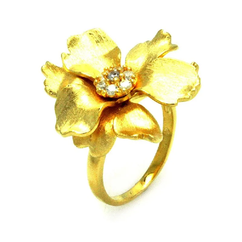 ladies ring custom infinity symbol-Clearance-Silver 925 Gold Plated Matte Finish Clear CZ Flower Ring - STR00881