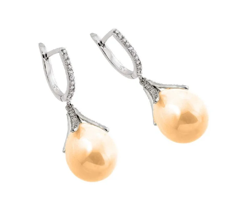 ladies-party-pearl-earrings-Silver 925 Rhodium Plated Channel CZ Champagne Synthetic Pearl Lever Back Earrings - BGE00262