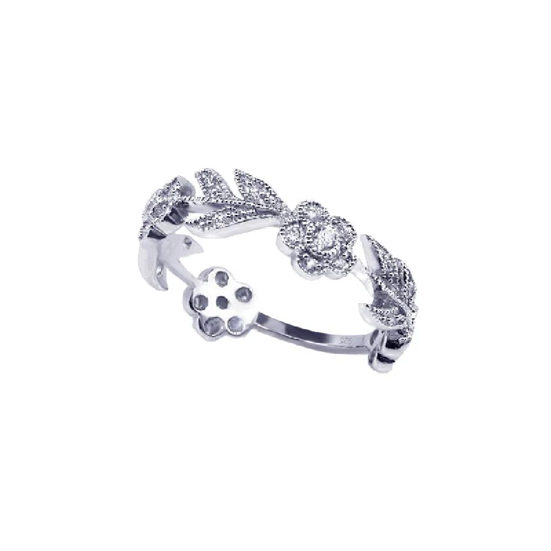 ladies ring unique vine pattern-Silver 925 Rhodium Plated CZ Flower Leaf Eternity Ring - ACR00030