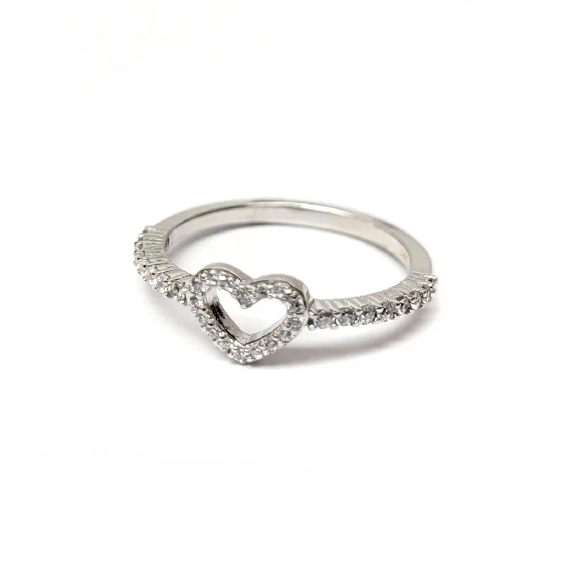 ladies ring glossy zirconia-Rhodium Plated 925 Sterling Silver Heart Clear CZ Ring - STR01157