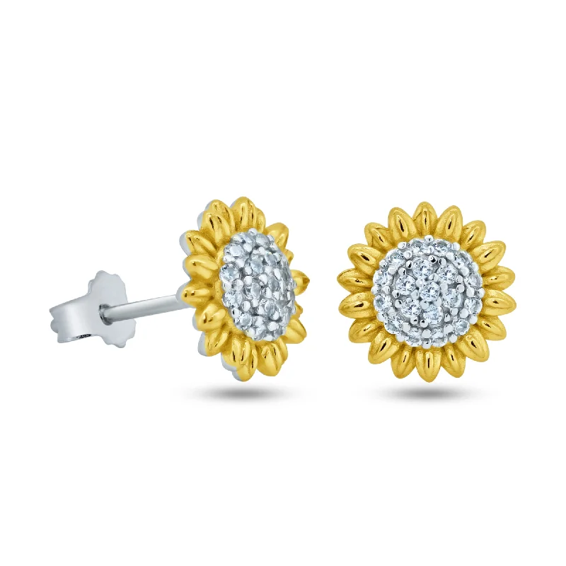 ladies-beaded-drop-earrings-Sterling Silver Rhodium Plated 2 Toned Sunflower CZ Stud Earrings - STE01369