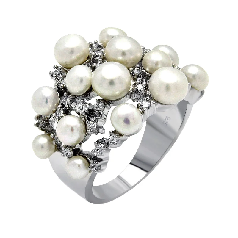 ladies ring tropical palm detail-Silver 925 Rhodium Plated Clear CZ Multiple Fresh Water Pearl Ring  - BGR00382