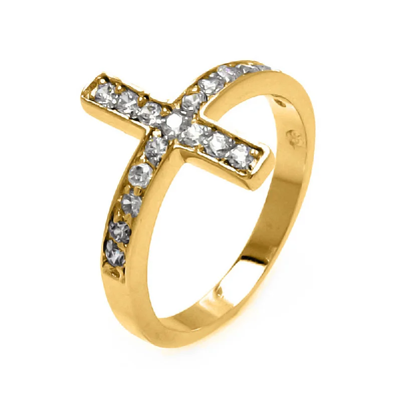 ladies ring feather silhouette-Gold Plated 925 Sterling Silver Clear Pave Set CZ Cross Ring - BGR00536GP