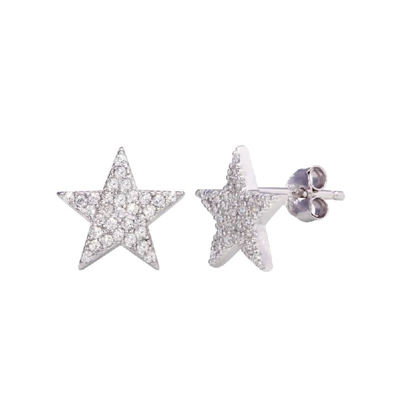 ladies-silver-earrings-Rhodium Plated 925 Sterling Silver CZ Star Stud Earrings - STE01201