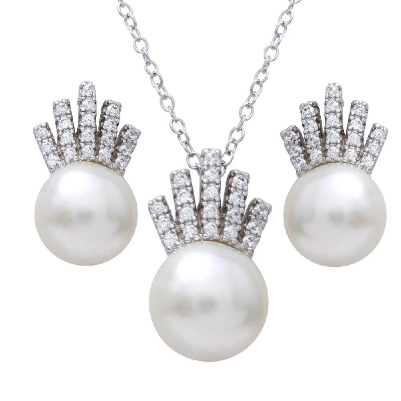 ladies-vintage-silver-earrings-Rhodium Plated 925 Sterling Silver Synthetic Pearl with CZ Crown Pendant Necklace and Earrings Set - BGS00541