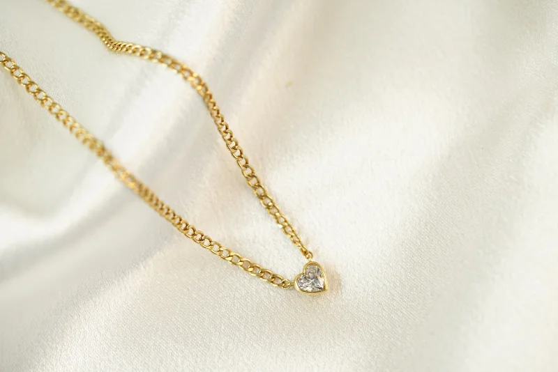 ladies-minimalist-gold-necklace-14k Crystal Heart Cuban Link Chain Necklace