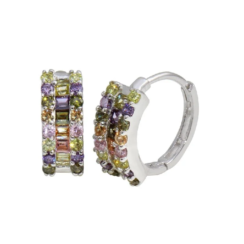 ladies-cross-stud-earrings-Rhodium Plated 925 Sterling Silver Multi-Colored CZ Stone huggie hoop Earrings - GME00064RBC