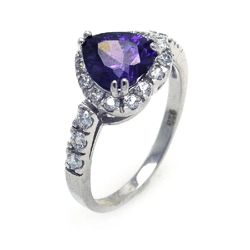 ladies ring deep blue quartz-Silver 925 Rhodium Plated Purple and Clear Cluster CZ Heart Ring - STR00698PUR