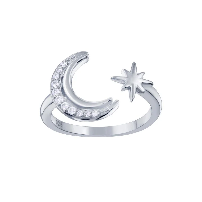 ladies ring graceful wave pattern-Rhodium Plated 925 Sterling Silver Cresent Moon and Star CZ Ring - STR01137RH