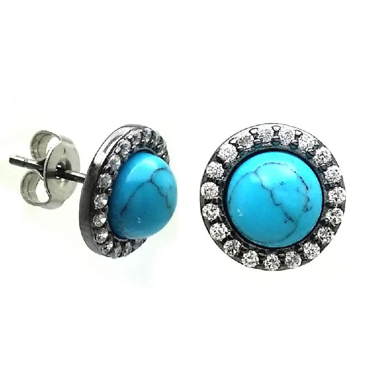 ladies-minimalist-earrings-Silver 925 Black Rhodium Plated Round Clear CZ Turquoise Center Stud Earrings - BGE00408