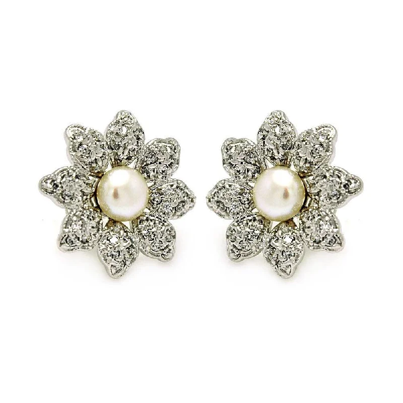 ladies-artisan-silver-earrings-Silver 925 Rhodium Plated Flower CZ Inlay Center Pearl Stud Earrings - BGE00214