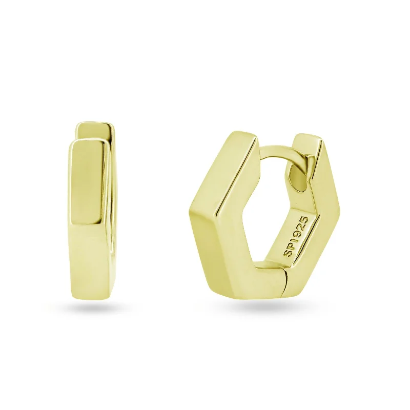 ladies-artisan-hoop-earrings-Sterling Silver Gold Plated Hexagon Huggie Hoop Earring 11.7mm - STE01358GP