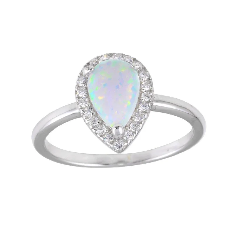 ladies ring crafted white gold-Rhodium Plated 925 Sterling Silver Teardrop Synthetic Opal CZ Ring - BGR01258