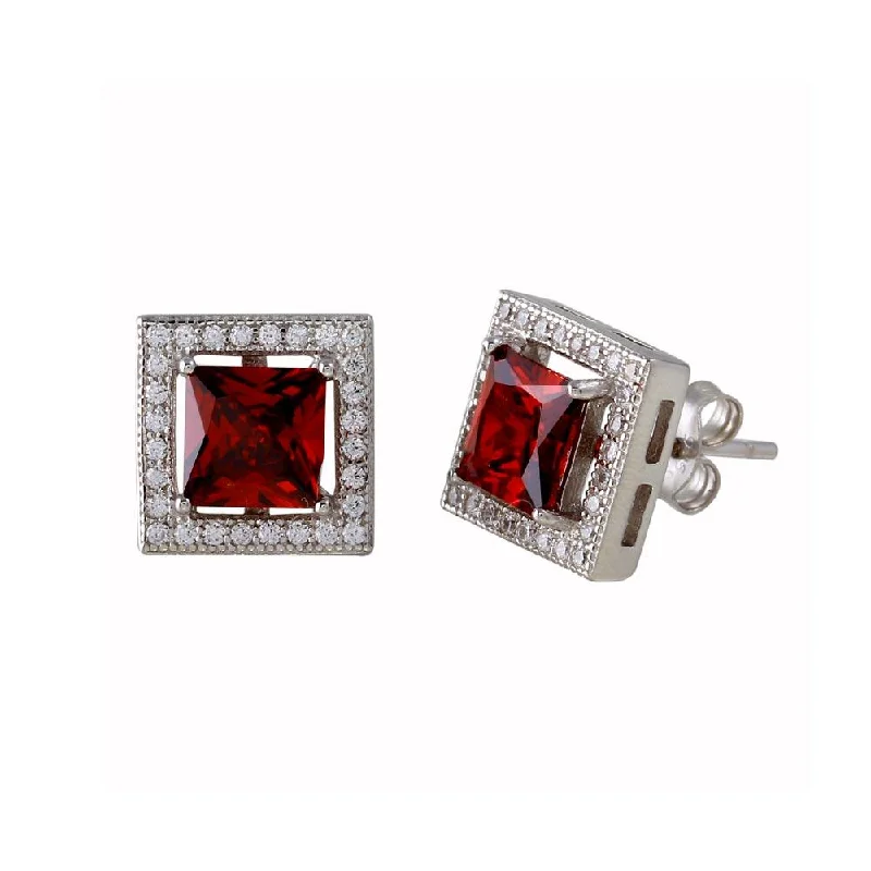 ladies-birthstone-dangle-earrings-Rhodium Plated 925 Sterling Silver Red Halo Square CZ Stud Earrings - BGE00632RED