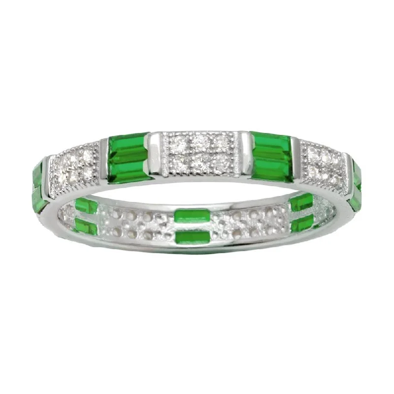 ladies ring tropical palm detail-Rhodium Plated 925 Sterling Silver Pattern Eternity Ring with Green and Clear CZ - BGR01177GRN